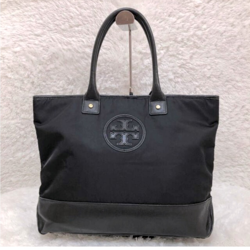 Tory Burch Ella Patent Nylon Tote Black Large Nylon/synthetic